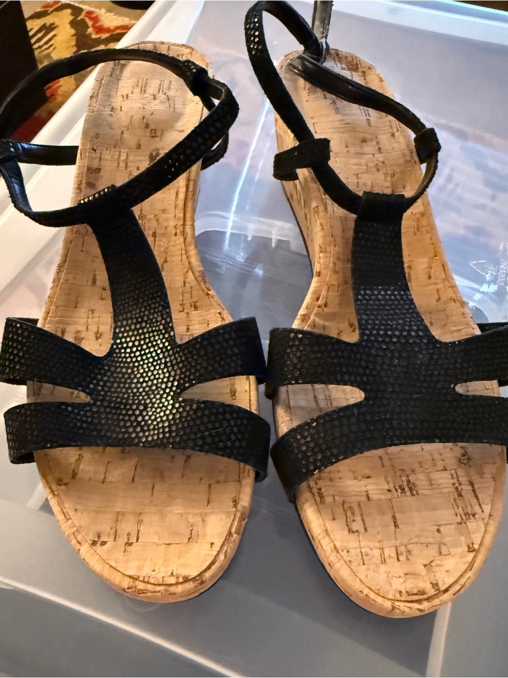 Black 2” Cork Wedge Sandals for Women - Classic Strappy Style, Size 10M